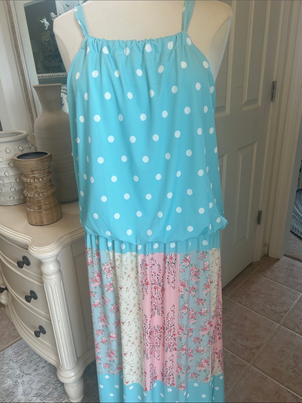NWT Lily by Firmiana Women's SZ 2X Blue-Pink Polka-Dot-Floral-Maxi-Dress-Halter-